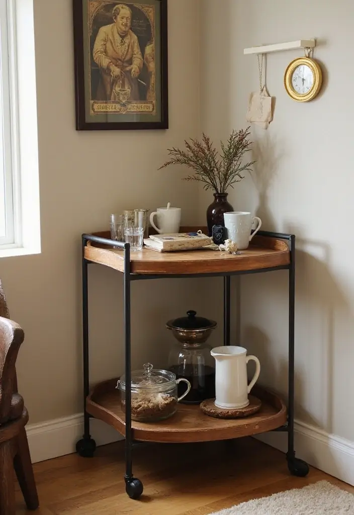 26 Home Decor Coffee Bar Ideas For Cozy Corners - 7. Corner Bar Cart with Storage