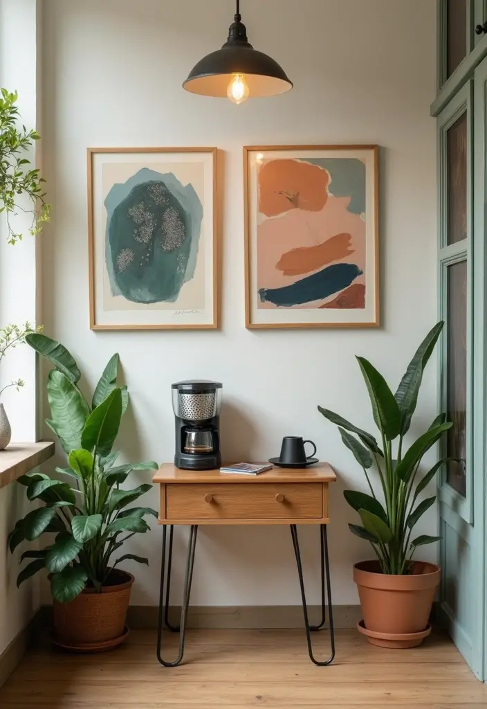 26 Home Decor Coffee Bar Ideas For Cozy Corners - 8. Cozy Coffee Corner with Wall Art
