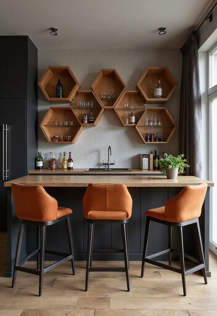 27 Home Bar Decor Ideas Featuring Accent Walls And Lighting 16 27 Home Bar Decor Ideas Featuring Accent Walls And Lighting - 12. Geometric Shapes