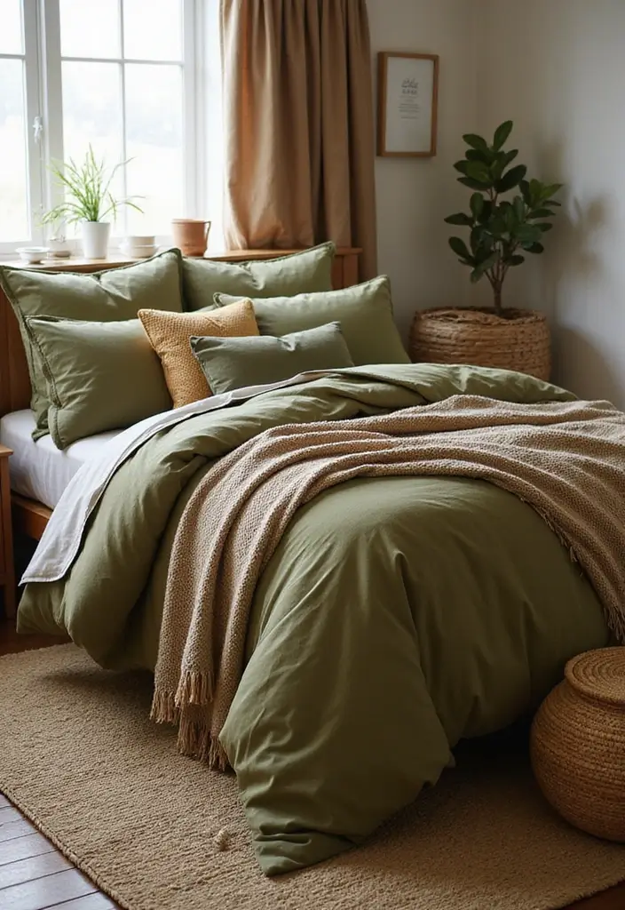 27 Master Bedroom Decor Ideas With Green Bedding 1 27 Master Bedroom Decor Ideas With Green Bedding - 1. Layered Textures with Olive Green