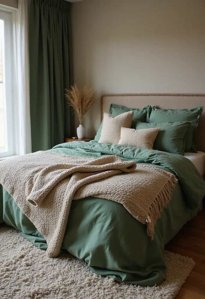 27 Master Bedroom Decor Ideas With Green Bedding 18 27 Master Bedroom Decor Ideas With Green Bedding - 10. Warm Green Bedding with Cozy Throws