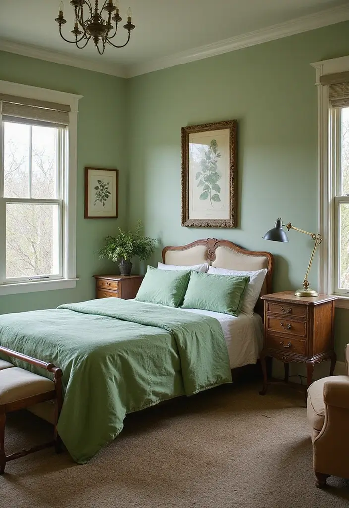 27 Master Bedroom Decor Ideas With Green Bedding 20 27 Master Bedroom Decor Ideas With Green Bedding - 12. Incorporate Vintage Finds with Green Bedding