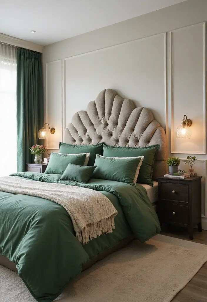 27 Master Bedroom Decor Ideas With Green Bedding 46 27 Master Bedroom Decor Ideas With Green Bedding - 18. Statement Headboard with Green Bedding