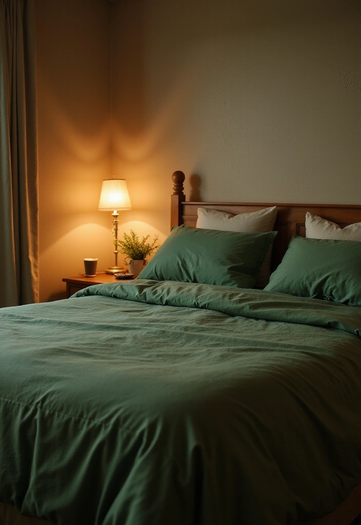 27 Master Bedroom Decor Ideas With Green Bedding 47 27 Master Bedroom Decor Ideas With Green Bedding - 19. Soft Lighting for Cozy Evenings