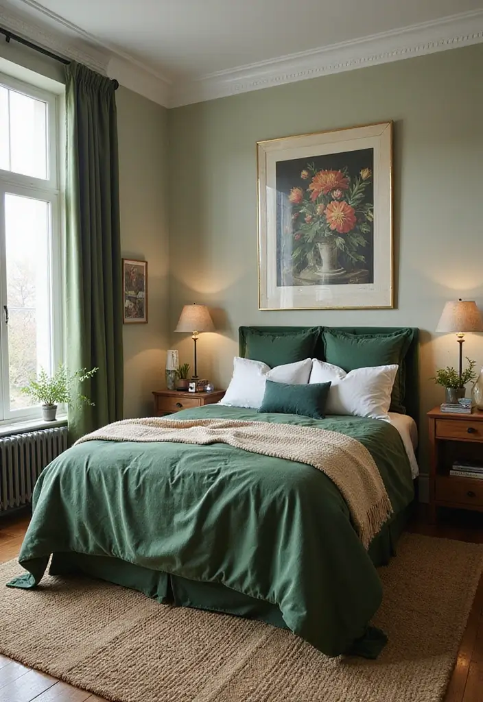 27 Master Bedroom Decor Ideas With Green Bedding 87 27 Master Bedroom Decor Ideas With Green Bedding - 27. Blend Vintage and Modern Styles with Green Bedding