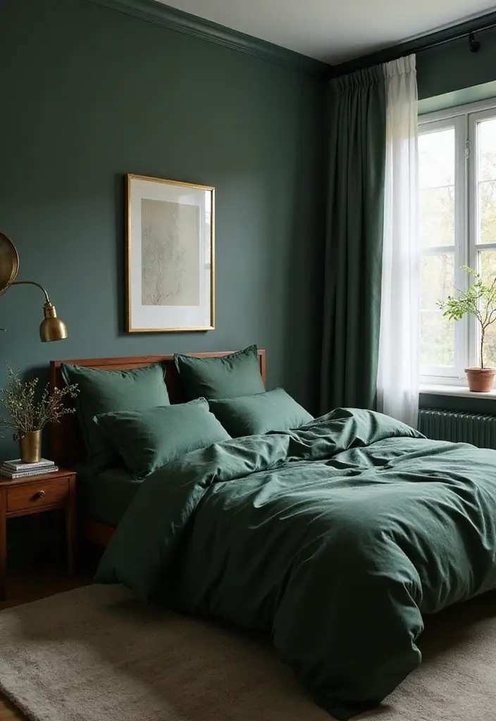 27 Master Bedroom Decor Ideas With Green Bedding 6 27 Master Bedroom Decor Ideas With Green Bedding - 4. Embrace Dark Green for a Dramatic Effect