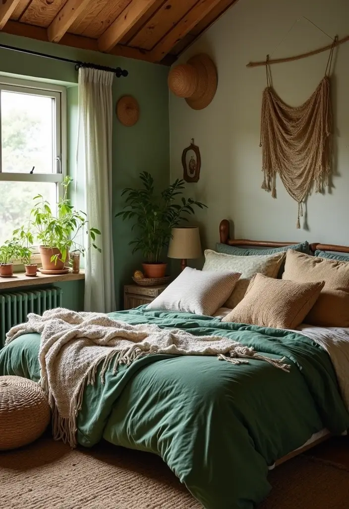27 Master Bedroom Decor Ideas With Green Bedding 9 27 Master Bedroom Decor Ideas With Green Bedding - 7. Add a Touch of Boho with Green Bedding