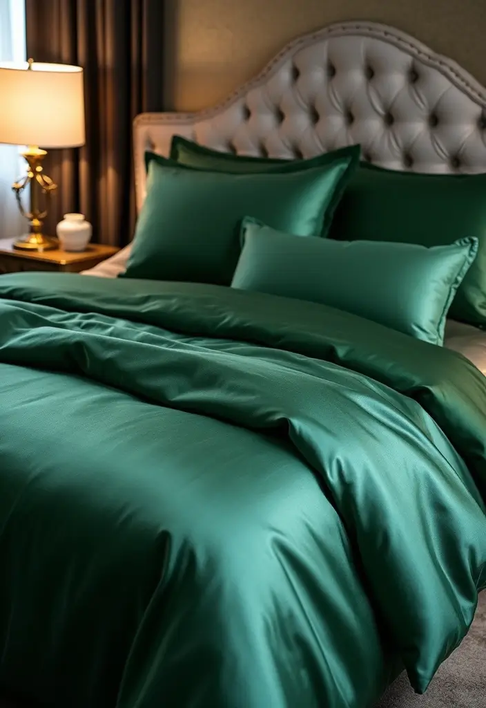 27 Master Bedroom Decor Ideas With Green Bedding 17 27 Master Bedroom Decor Ideas With Green Bedding - 9. Elegant Green Bedding for Luxe Vibes