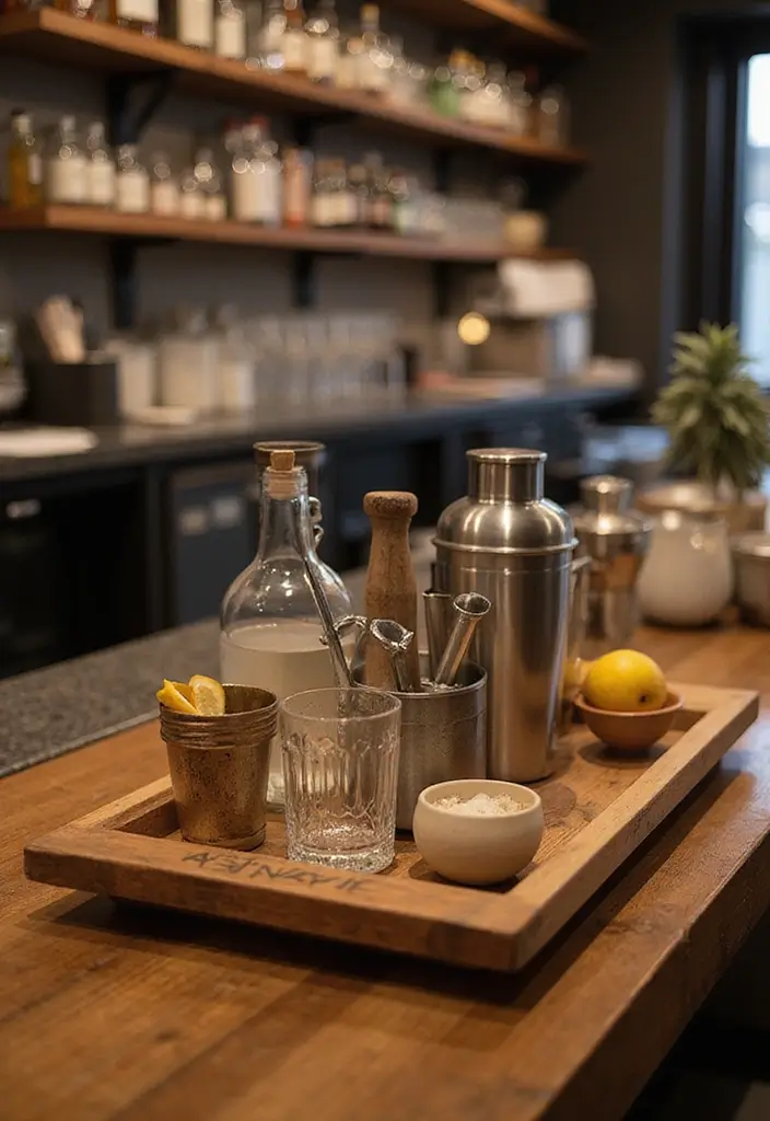 28 Bar Countertop Decor Ideas To Elevate Your Home Style 16 28 Bar Countertop Decor Ideas To Elevate Your Home Style - 4. Rustic Wooden Serving Tray