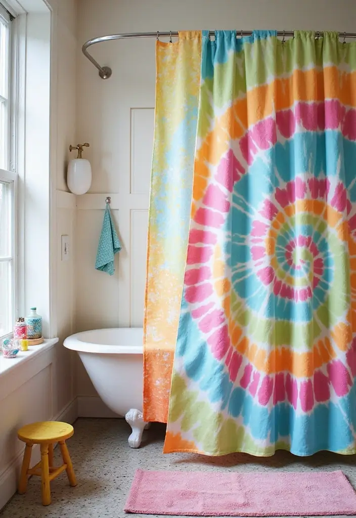 28 Eco Friendly Shower Curtain Ideas For Green Bathrooms 15 28 Eco Friendly Shower Curtain Ideas For Green Bathrooms - 9. Tie-Dye Trend