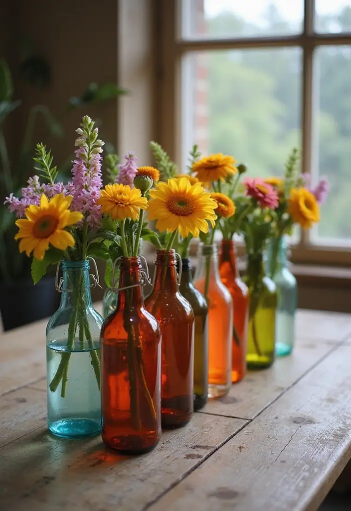 28 Recycled Glass Home Decor Ideas For Eco Lovers - 1. Colorful Glass Bottle Vases