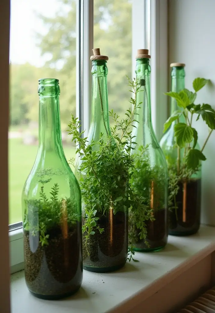 28 Recycled Glass Home Decor Ideas For Eco Lovers - 24. Glass Bottle Herb Garden
