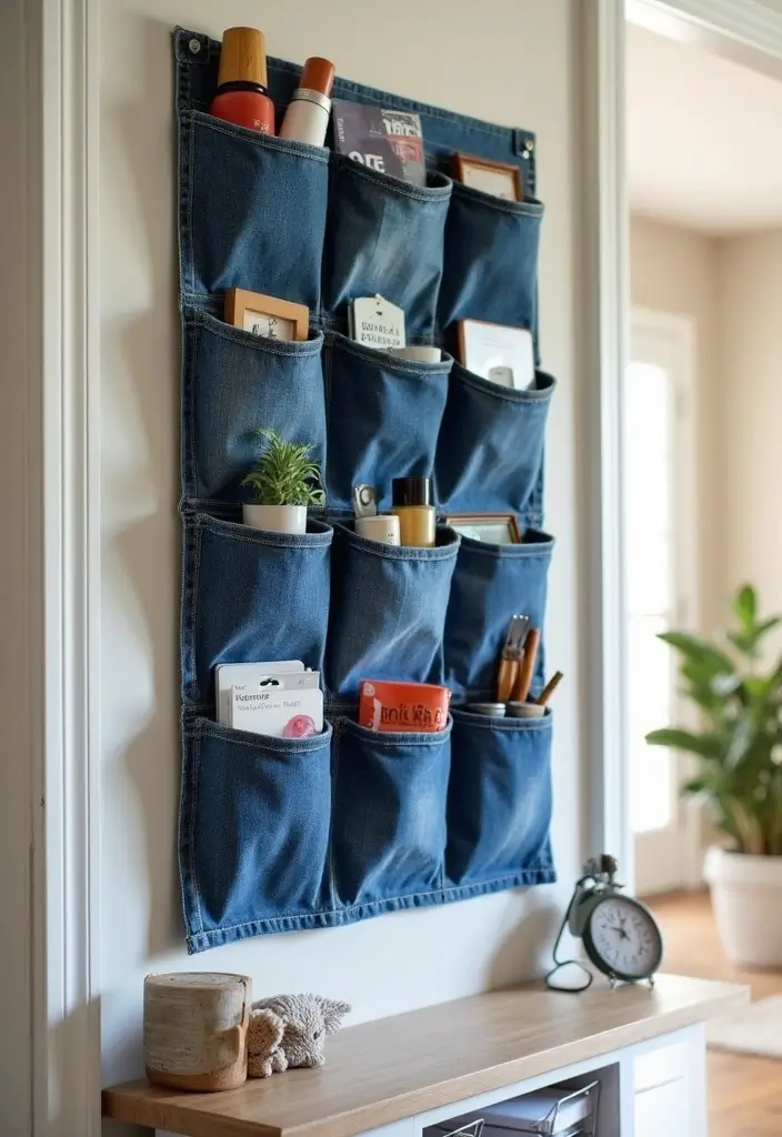 28 Upcycled Denim Home Decor Ideas You Can Try 95 28 Upcycled Denim Home Decor Ideas You Can Try - 17. Denim Wall Pocket Organizer