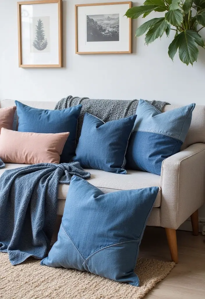 28 Upcycled Denim Home Decor Ideas You Can Try 15 28 Upcycled Denim Home Decor Ideas You Can Try - 3. Denim Cushion Covers