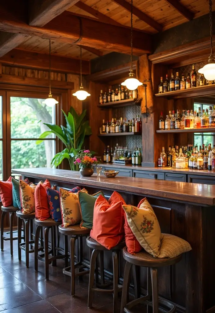 29 Cozy Home Bar Ideas With Rustic Decor Vibes 38 29 Cozy Home Bar Ideas With Rustic Decor Vibes - 18. Colorful Accent Pillows