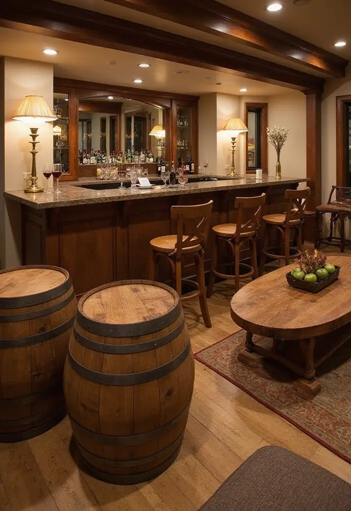 29 Cozy Home Bar Ideas With Rustic Decor Vibes 9 29 Cozy Home Bar Ideas With Rustic Decor Vibes - 5. Barrel-Inspired Furniture