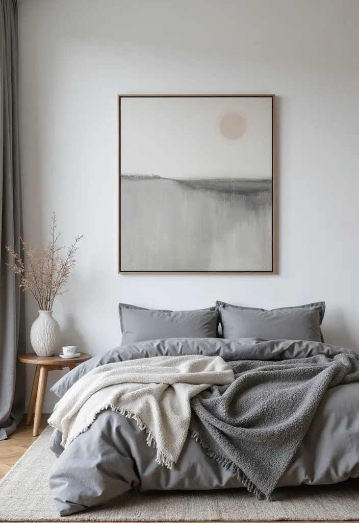 29 Grey Bedding Decor Ideas For Modern Bedrooms 22 29 Grey Bedding Decor Ideas For Modern Bedrooms - 14. Minimalist Wall Art