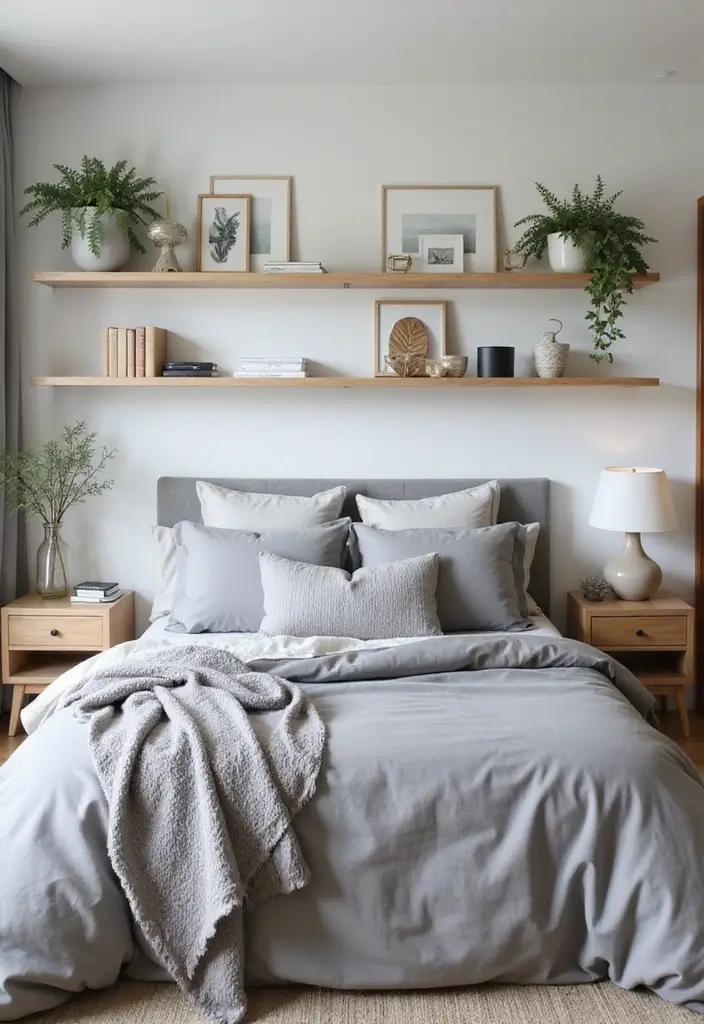 29 Grey Bedding Decor Ideas For Modern Bedrooms 32 29 Grey Bedding Decor Ideas For Modern Bedrooms - 20. Floating Shelves