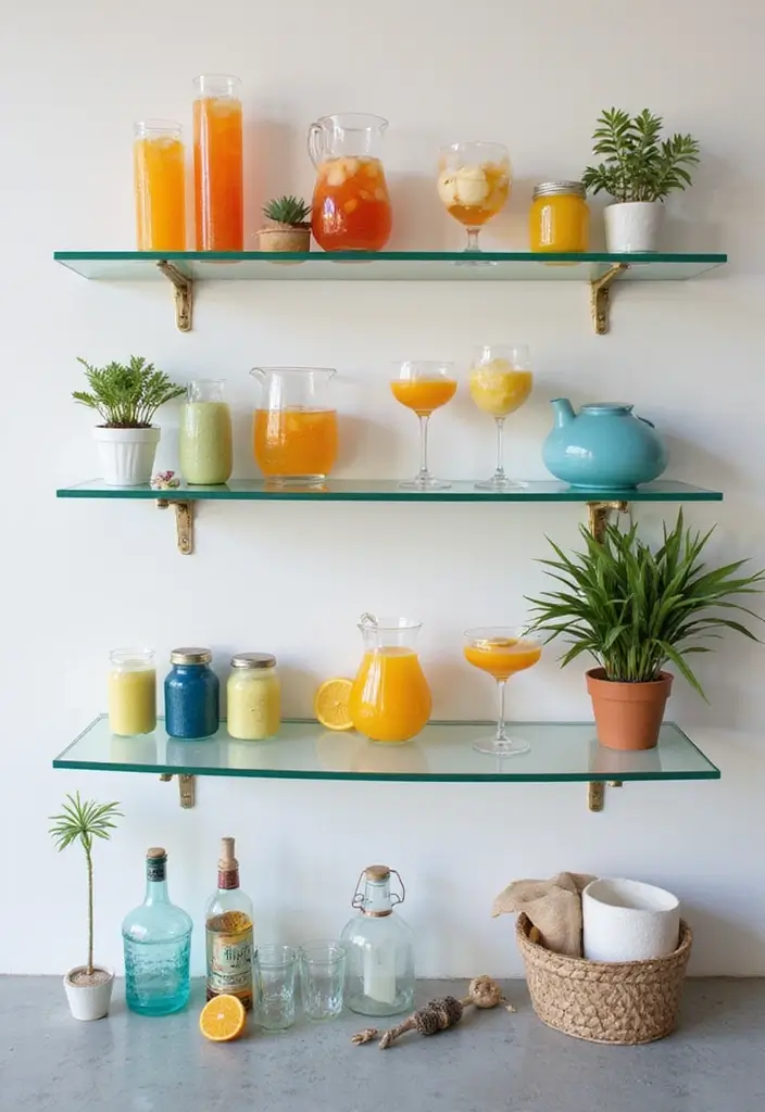 29 Modern Home Bar Decor Ideas With Sleek Finishes 1 29 Modern Home Bar Decor Ideas With Sleek Finishes - 1. Floating Shelves with Glassware