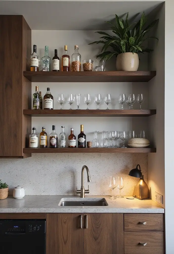 29 Modern Home Bar Decor Ideas With Sleek Finishes 65 29 Modern Home Bar Decor Ideas With Sleek Finishes - 27. Open Shelving with Minimalist Design