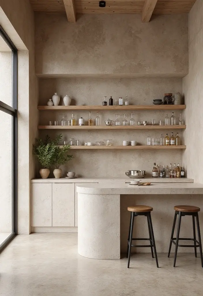 29 Modern Home Bar Decor Ideas With Sleek Finishes 9 29 Modern Home Bar Decor Ideas With Sleek Finishes - 3. Neutral Tones with Textured Accents