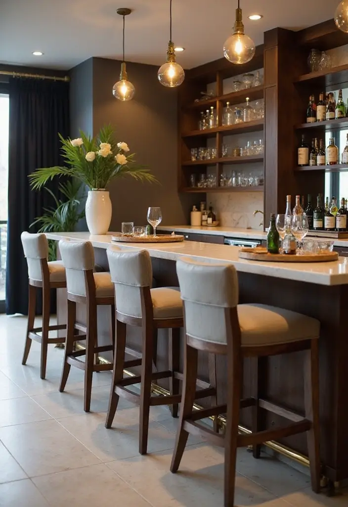 29 Modern Home Bar Decor Ideas With Sleek Finishes 16 29 Modern Home Bar Decor Ideas With Sleek Finishes - 4. Chic Bar Stools