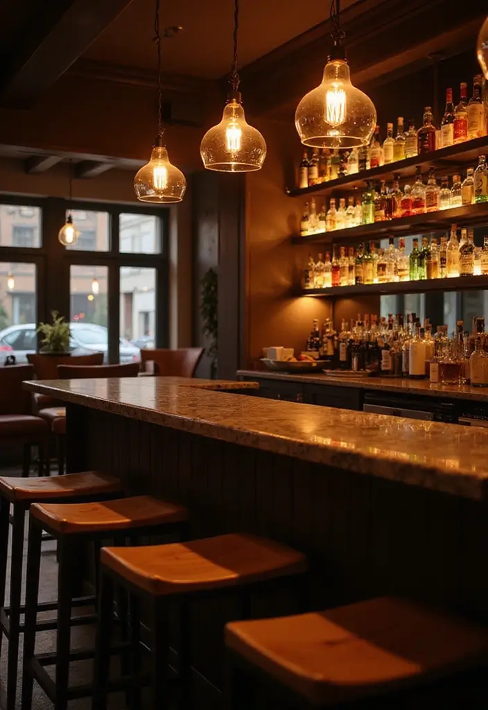 29 Modern Home Bar Decor Ideas With Sleek Finishes 17 29 Modern Home Bar Decor Ideas With Sleek Finishes - 5. Statement Lighting