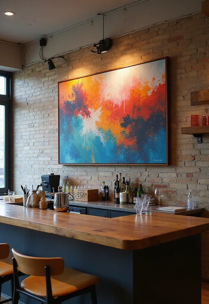 29 Modern Home Bar Decor Ideas With Sleek Finishes 18 29 Modern Home Bar Decor Ideas With Sleek Finishes - 6. Bold Artwork