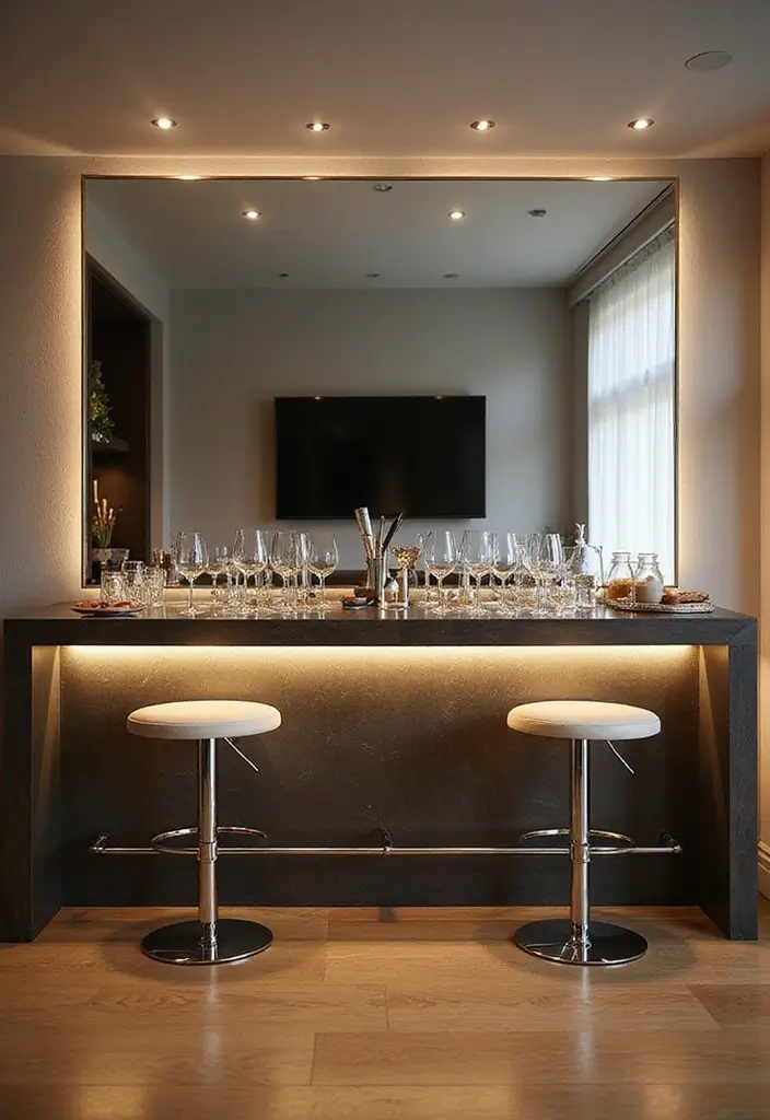 29 Modern Home Bar Decor Ideas With Sleek Finishes 27 29 Modern Home Bar Decor Ideas With Sleek Finishes - 9. Use of Mirrors