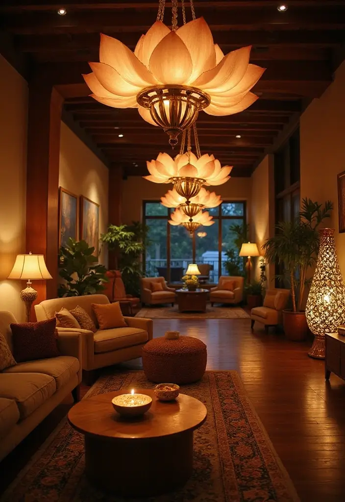 29 Zen Lotus Lamp Decor Ideas For Peaceful Corners 17 29 Zen Lotus Lamp Decor Ideas For Peaceful Corners - 11. Layered Lighting with Lotus Lamps