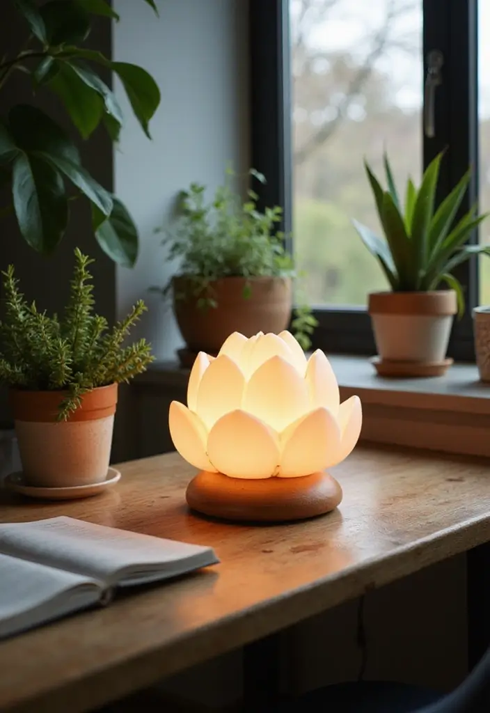 29 Zen Lotus Lamp Decor Ideas For Peaceful Corners 19 29 Zen Lotus Lamp Decor Ideas For Peaceful Corners - 13. Lotus Lighting in Workspace