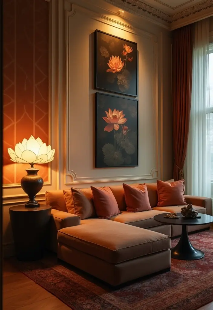 29 Zen Lotus Lamp Decor Ideas For Peaceful Corners 21 29 Zen Lotus Lamp Decor Ideas For Peaceful Corners - 15. Lotus Lamps to Highlight Artwork
