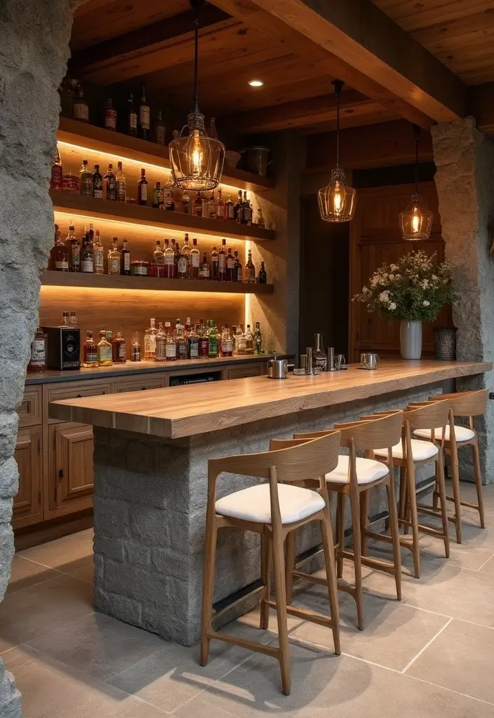 30+ Cozy Home Bar Designs With Warm Wooden Decor 50 30+ Cozy Home Bar Designs With Warm Wooden Decor - 13. Stone and Wood Combination Bar