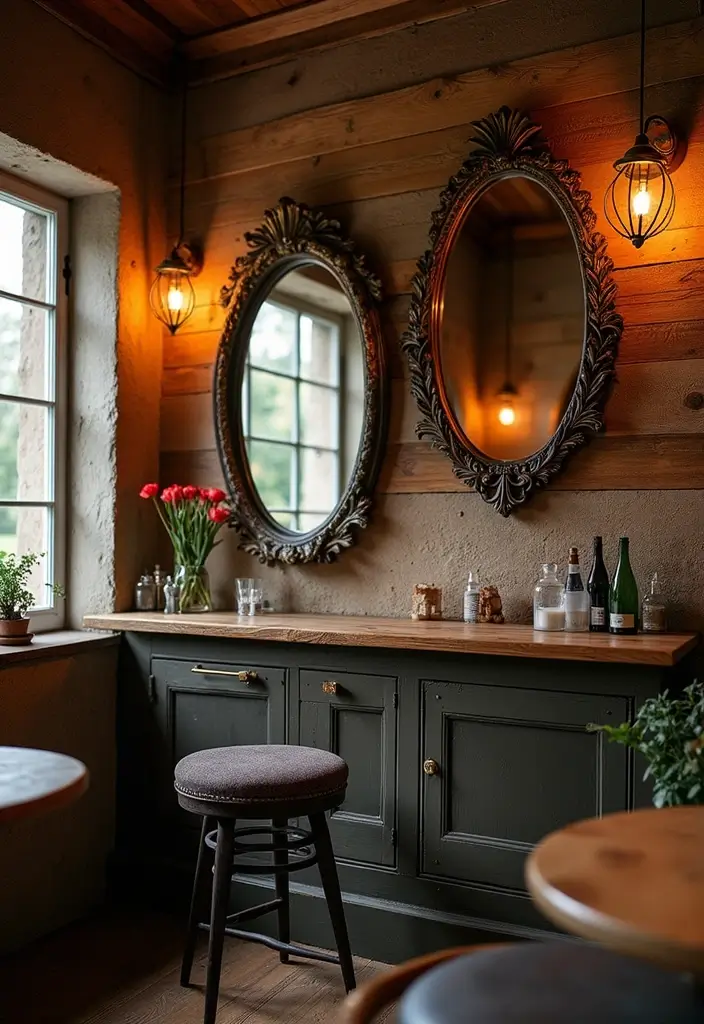 30+ Cozy Home Bar Designs With Warm Wooden Decor 51 30+ Cozy Home Bar Designs With Warm Wooden Decor - 14. Bar with Vintage Mirrors