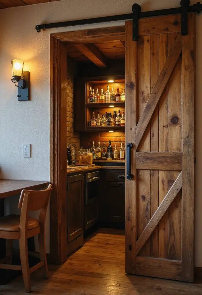 30+ Cozy Home Bar Designs With Warm Wooden Decor 55 30+ Cozy Home Bar Designs With Warm Wooden Decor - 16. Bar with Sliding Barn Doors