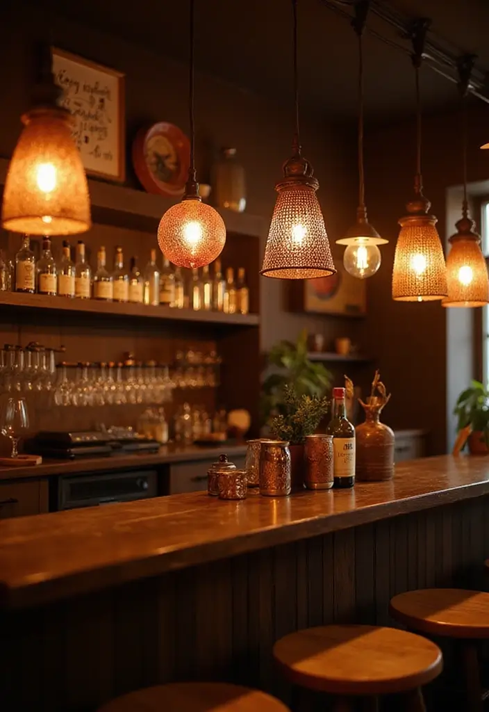 30+ Cozy Home Bar Designs With Warm Wooden Decor 65 30+ Cozy Home Bar Designs With Warm Wooden Decor - 20. Bar with Decorative Lighting