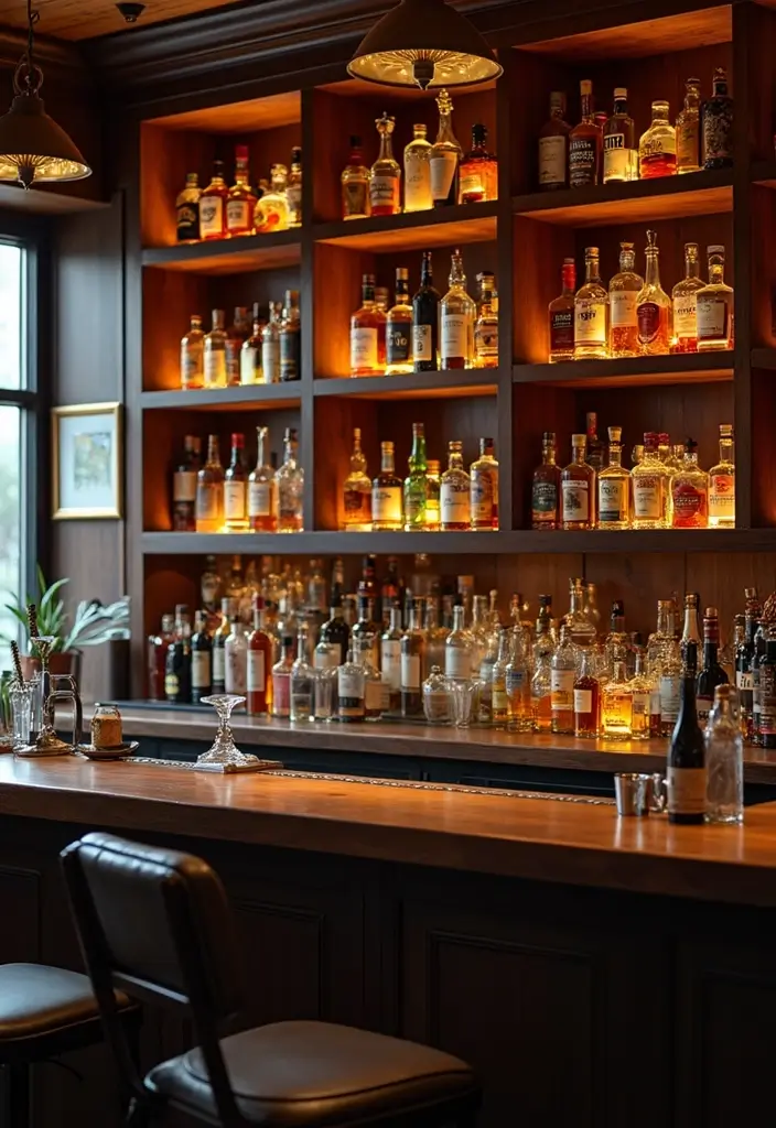 30+ Cozy Home Bar Designs With Warm Wooden Decor 33 30+ Cozy Home Bar Designs With Warm Wooden Decor - 8. Bar with Built-in Shelving