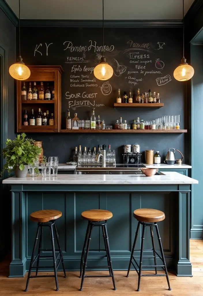 30+ Modern Home Bar Ideas With Rustic And Industrial Touches 76 30+ Modern Home Bar Ideas With Rustic And Industrial Touches - 20. Chalkboard Wall