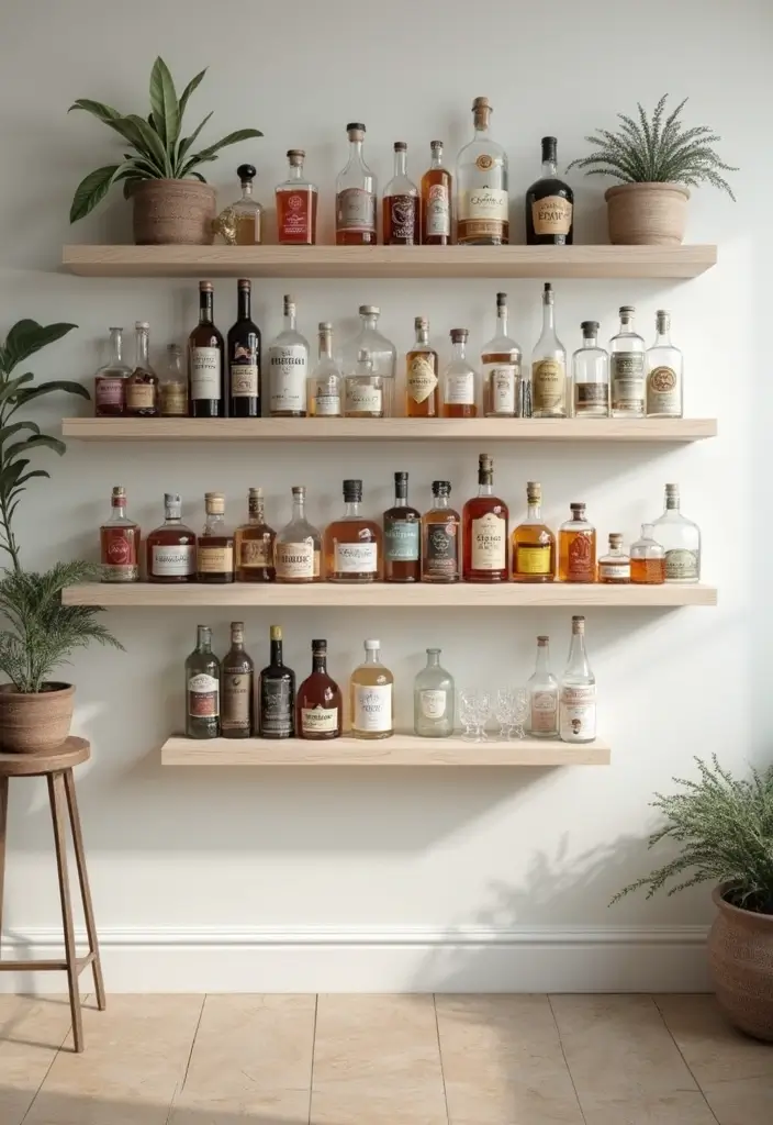 30+ Small Home Bar Decor Ideas That Maximize Space 1 30+ Small Home Bar Decor Ideas That Maximize Space - 1. Floating Shelves for Spirits