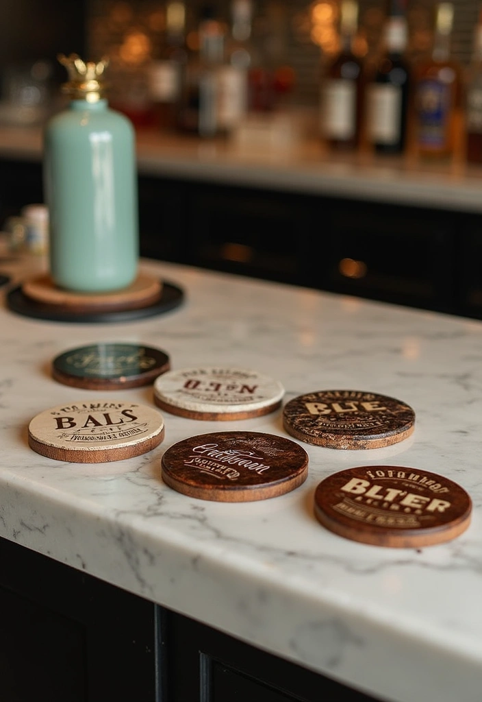 30+ Small Home Bar Decor Ideas That Maximize Space 47 30+ Small Home Bar Decor Ideas That Maximize Space - 21. Bar-themed Coasters