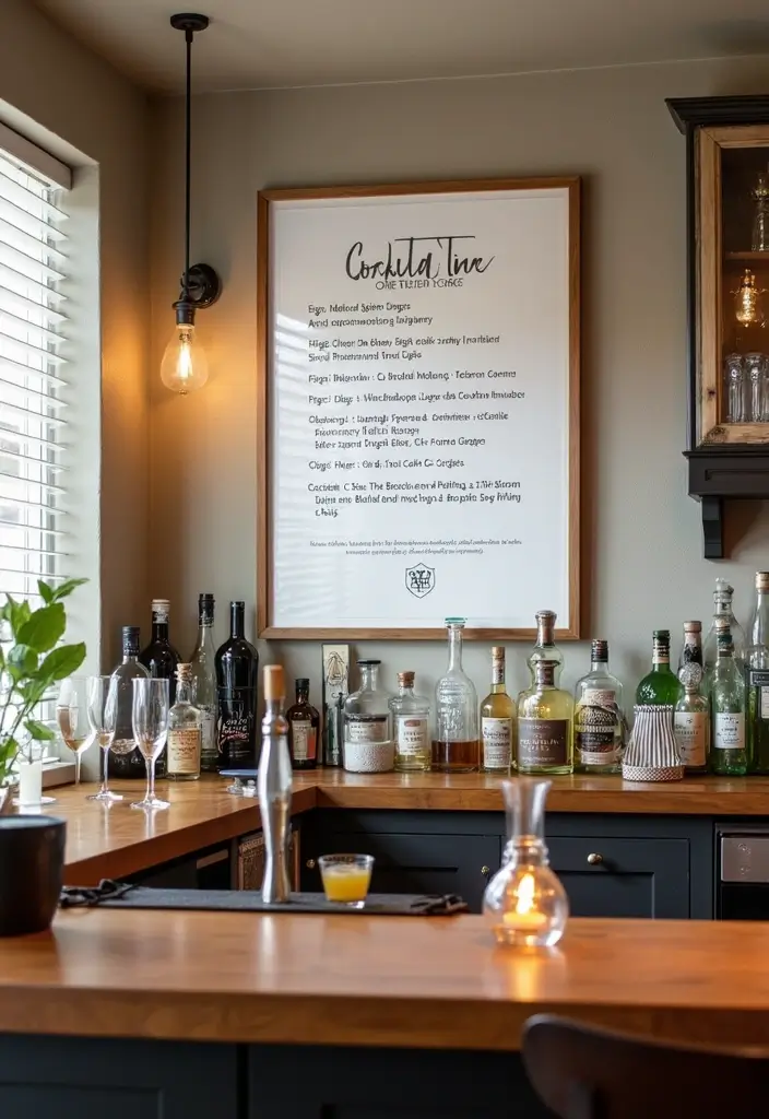 30+ Small Home Bar Decor Ideas That Maximize Space 48 30+ Small Home Bar Decor Ideas That Maximize Space - 22. Cocktail Recipe Wall Art