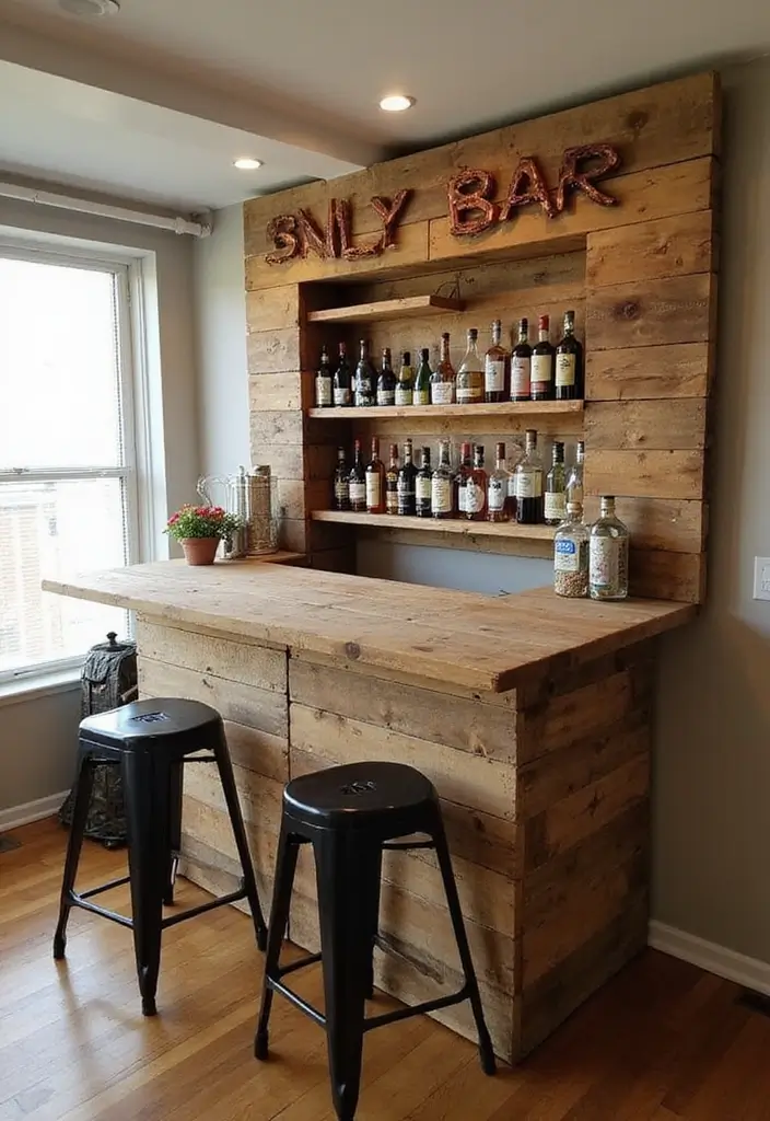 30+ Small Home Bar Decor Ideas That Maximize Space 20 30+ Small Home Bar Decor Ideas That Maximize Space - 6. DIY Pallet Bar