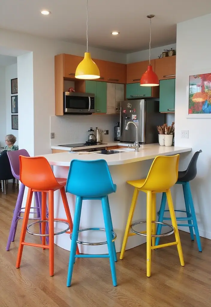 30+ Small Home Bar Decor Ideas That Maximize Space 21 30+ Small Home Bar Decor Ideas That Maximize Space - 7. Colorful Bar Stool Selection